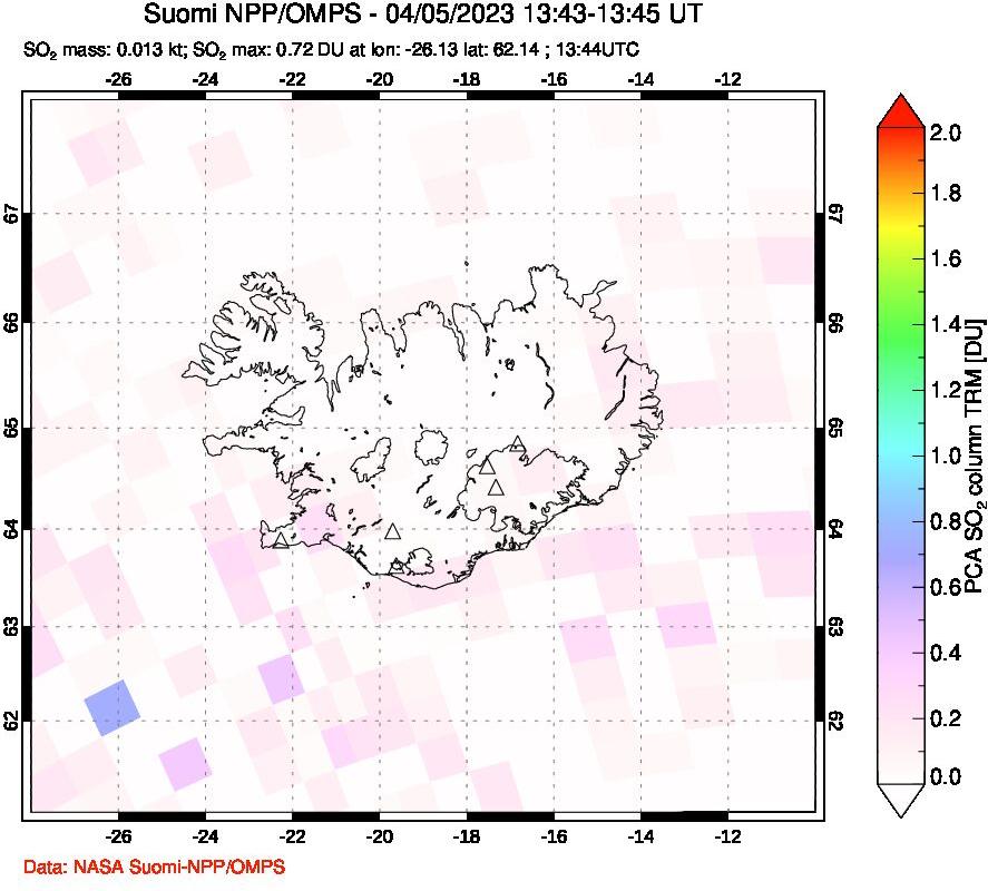 A sulfur dioxide image over Iceland on Apr 05, 2023.