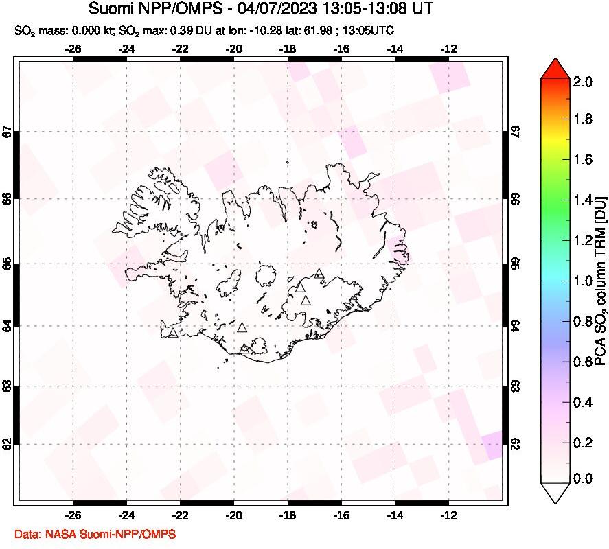 A sulfur dioxide image over Iceland on Apr 07, 2023.