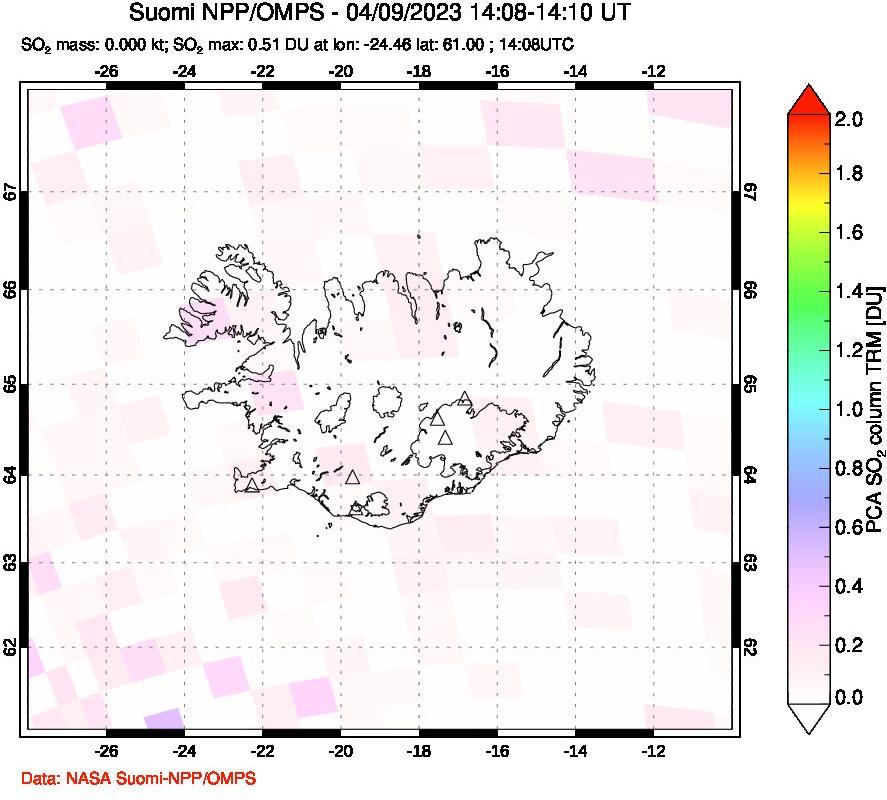 A sulfur dioxide image over Iceland on Apr 09, 2023.