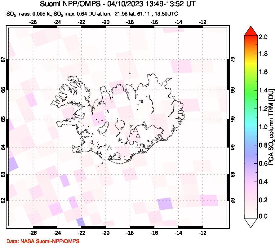 A sulfur dioxide image over Iceland on Apr 10, 2023.