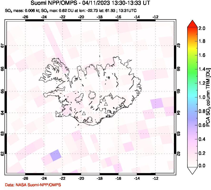 A sulfur dioxide image over Iceland on Apr 11, 2023.