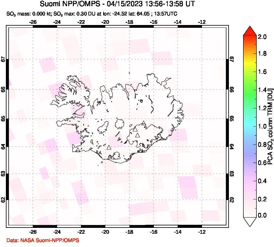 A sulfur dioxide image over Iceland on Apr 15, 2023.