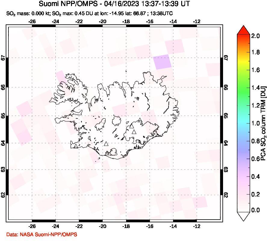 A sulfur dioxide image over Iceland on Apr 16, 2023.