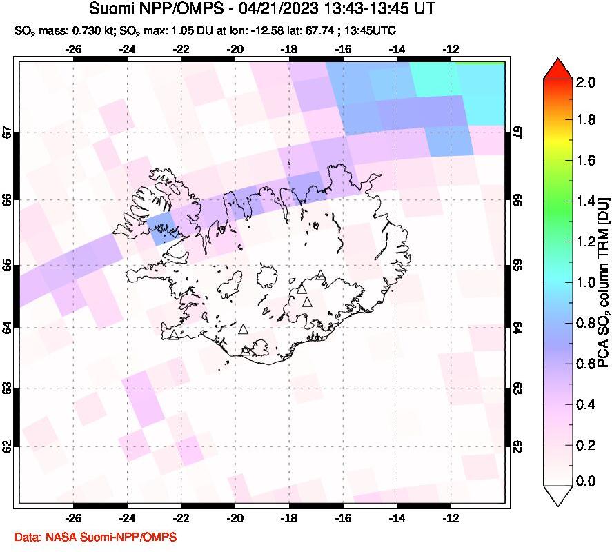 A sulfur dioxide image over Iceland on Apr 21, 2023.