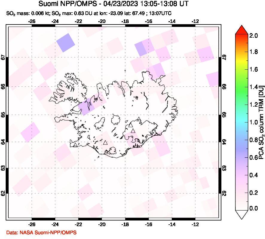 A sulfur dioxide image over Iceland on Apr 23, 2023.