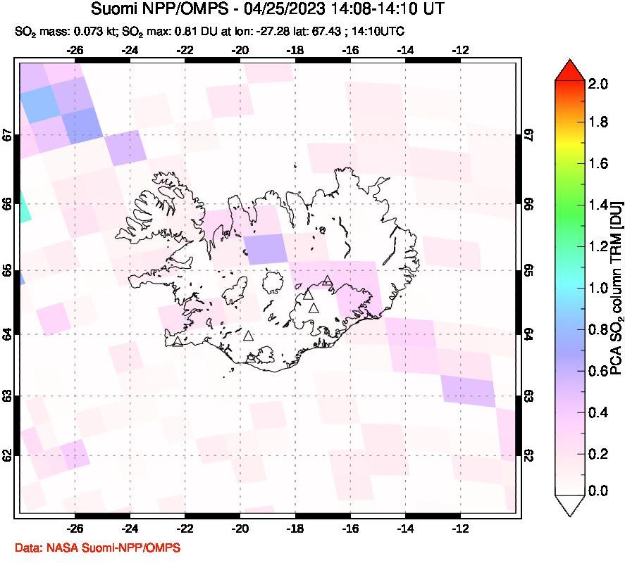 A sulfur dioxide image over Iceland on Apr 25, 2023.