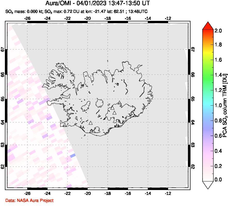 A sulfur dioxide image over Iceland on Apr 01, 2023.