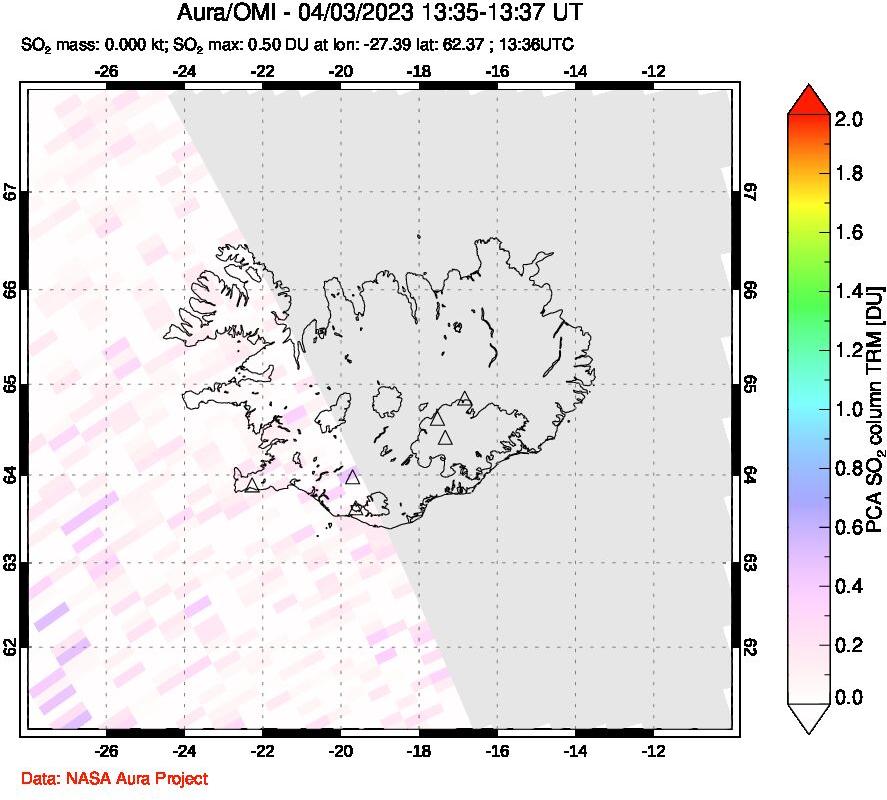 A sulfur dioxide image over Iceland on Apr 03, 2023.
