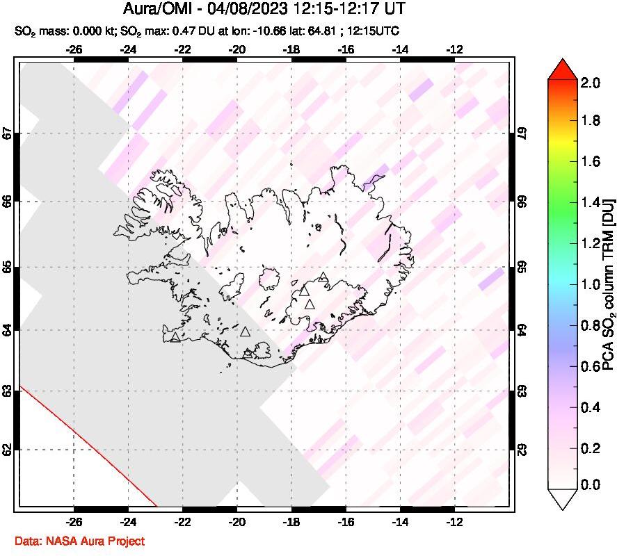 A sulfur dioxide image over Iceland on Apr 08, 2023.