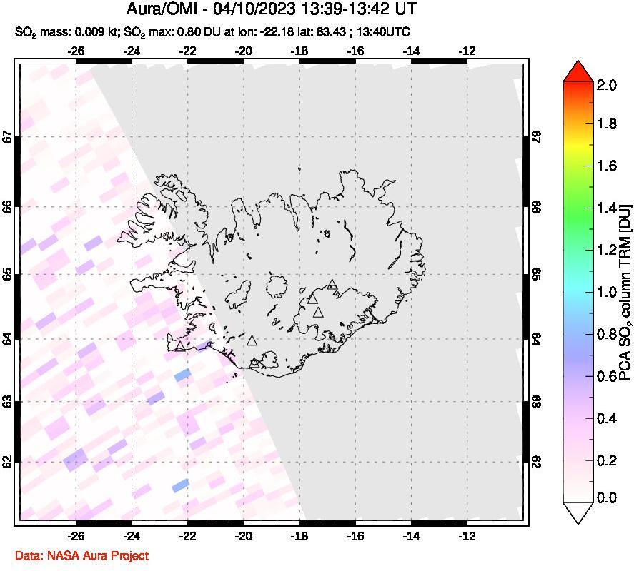 A sulfur dioxide image over Iceland on Apr 10, 2023.