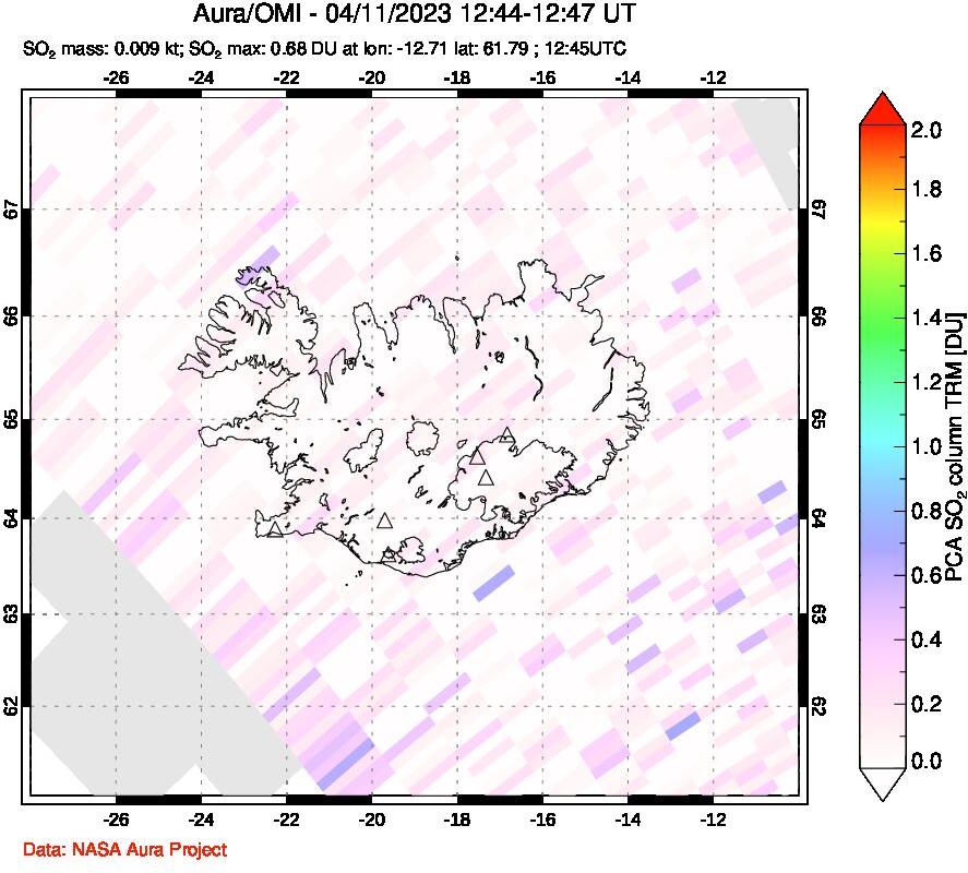 A sulfur dioxide image over Iceland on Apr 11, 2023.