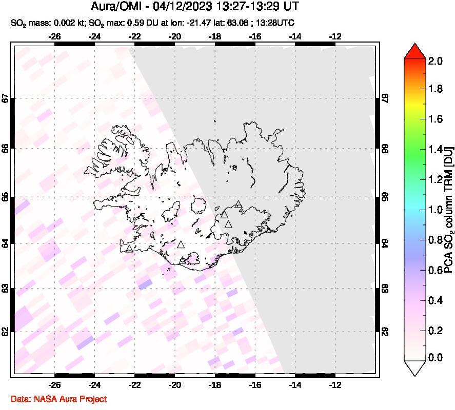 A sulfur dioxide image over Iceland on Apr 12, 2023.
