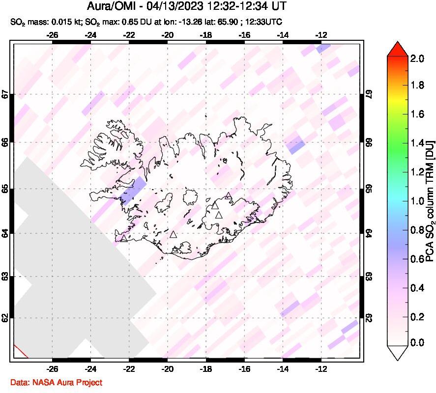 A sulfur dioxide image over Iceland on Apr 13, 2023.