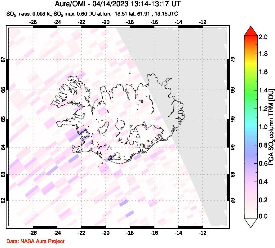 A sulfur dioxide image over Iceland on Apr 14, 2023.