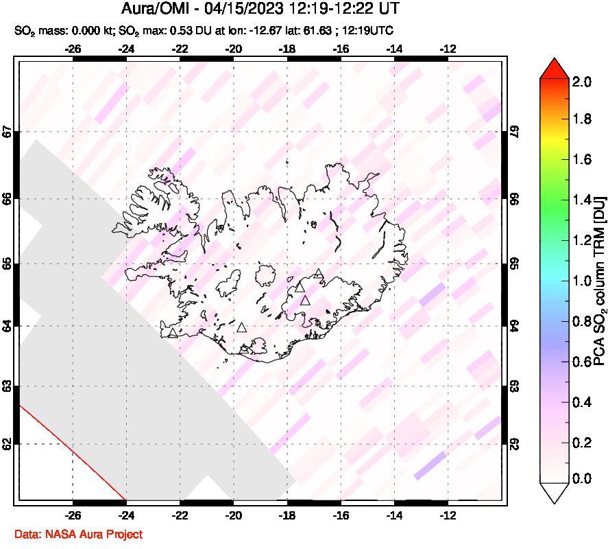 A sulfur dioxide image over Iceland on Apr 15, 2023.