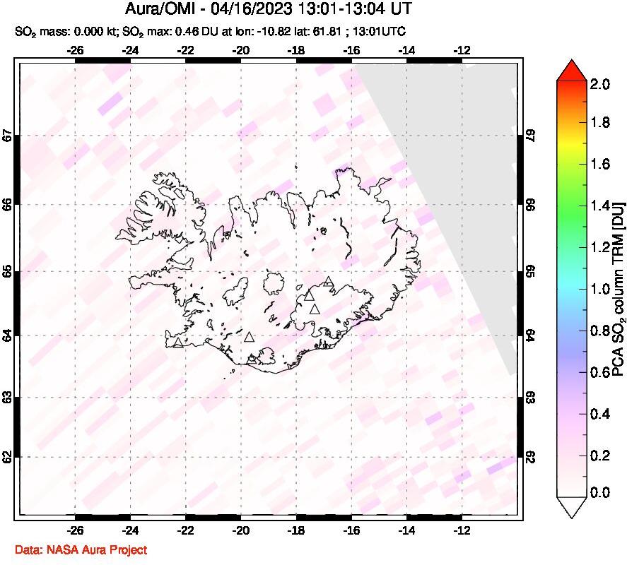A sulfur dioxide image over Iceland on Apr 16, 2023.