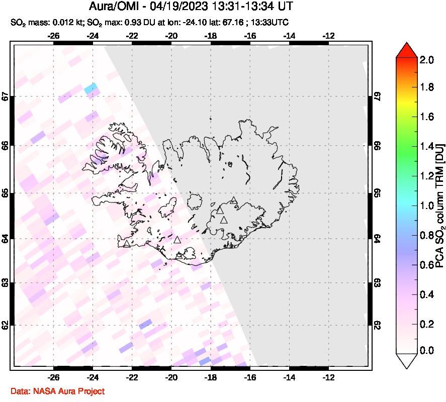 A sulfur dioxide image over Iceland on Apr 19, 2023.