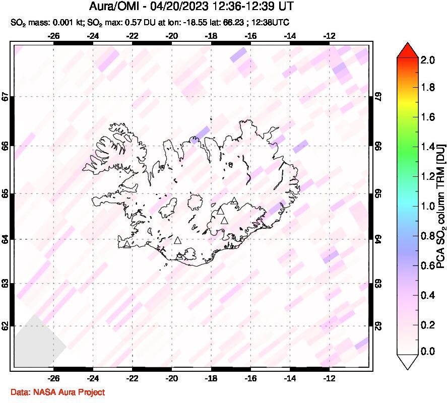 A sulfur dioxide image over Iceland on Apr 20, 2023.