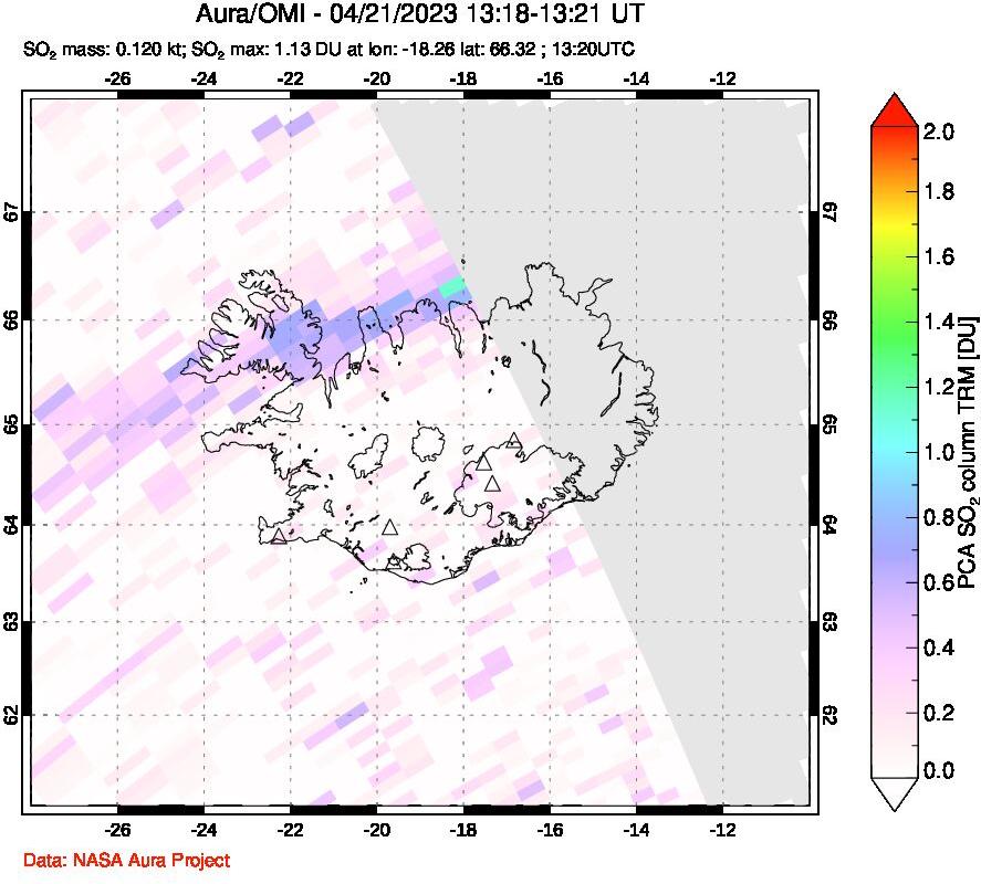 A sulfur dioxide image over Iceland on Apr 21, 2023.