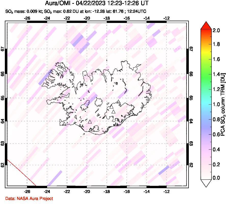 A sulfur dioxide image over Iceland on Apr 22, 2023.