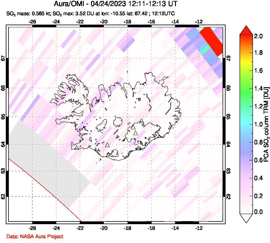 A sulfur dioxide image over Iceland on Apr 24, 2023.