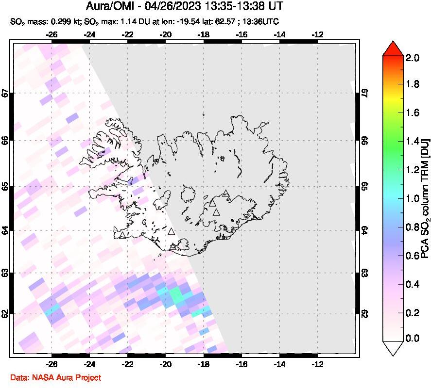 A sulfur dioxide image over Iceland on Apr 26, 2023.