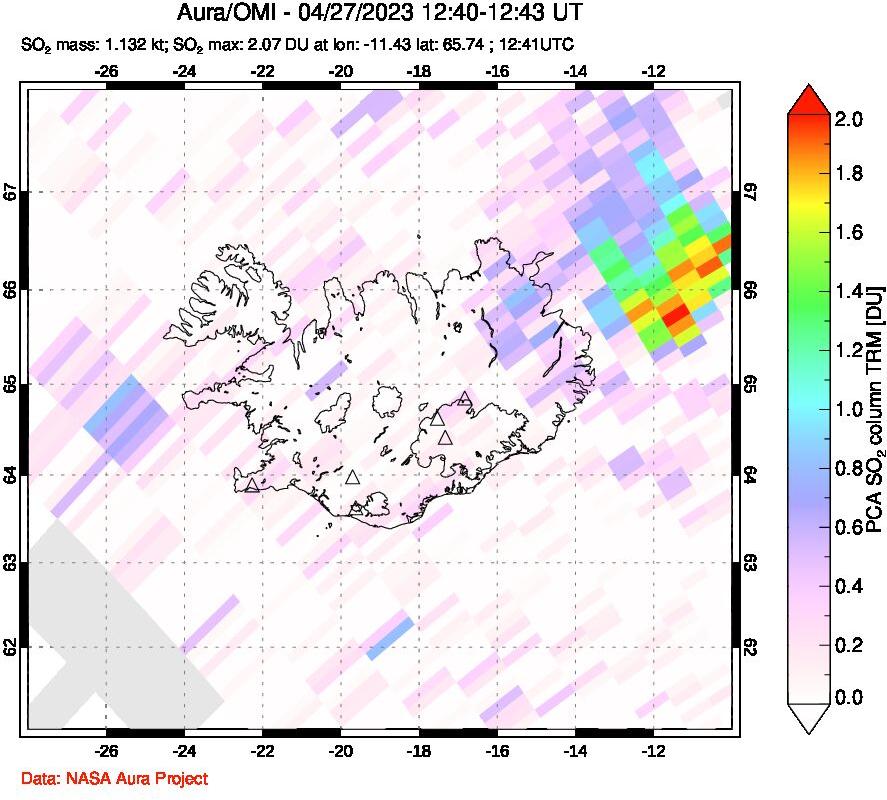 A sulfur dioxide image over Iceland on Apr 27, 2023.