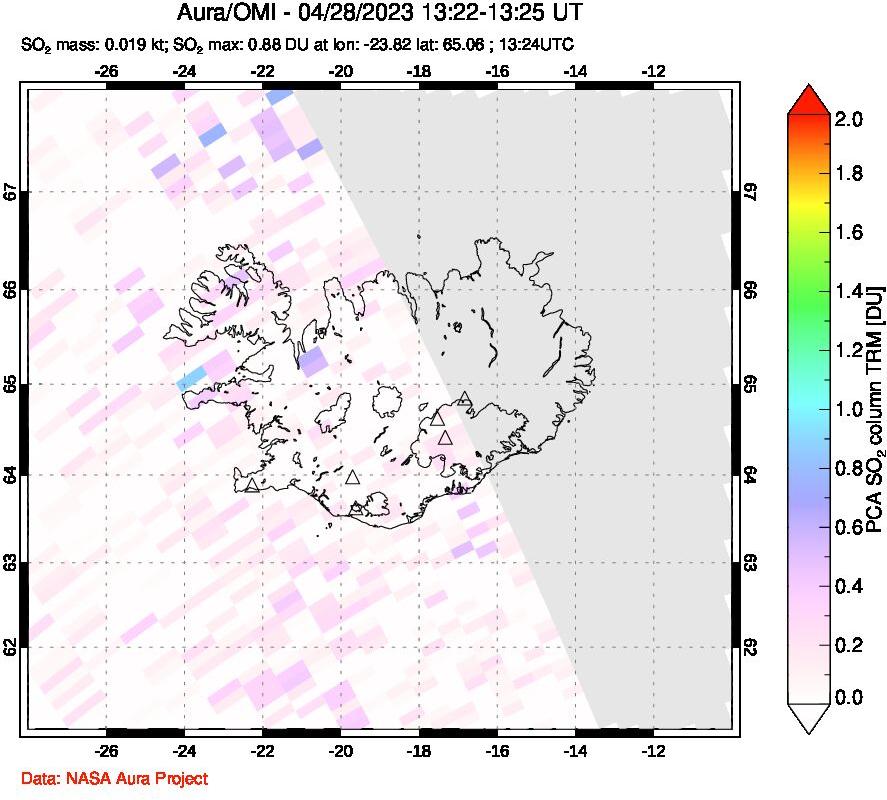 A sulfur dioxide image over Iceland on Apr 28, 2023.