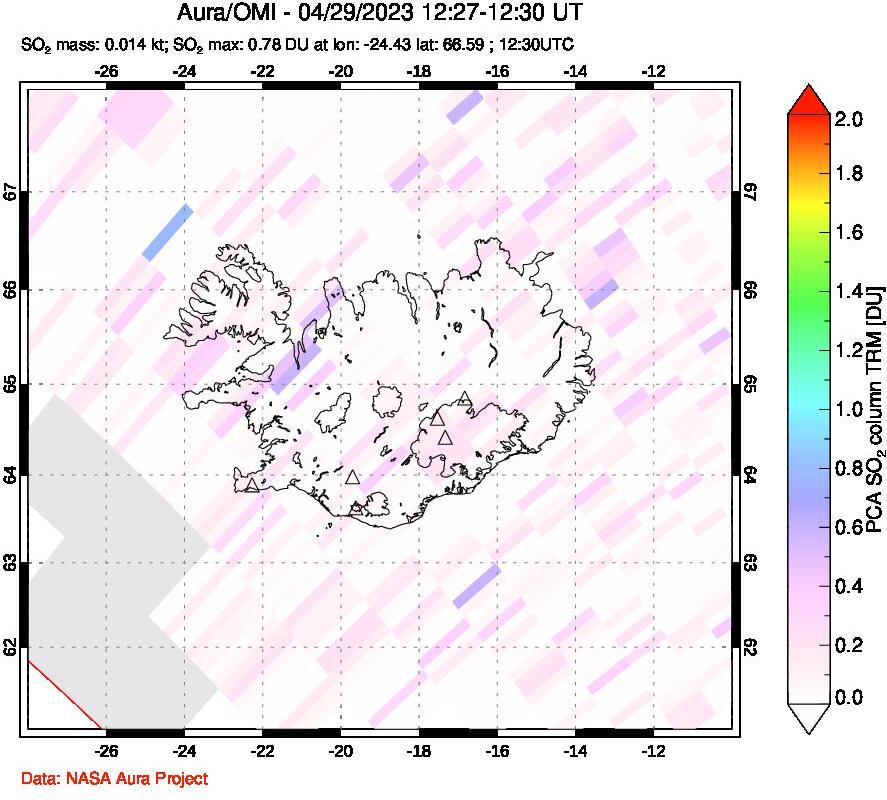 A sulfur dioxide image over Iceland on Apr 29, 2023.