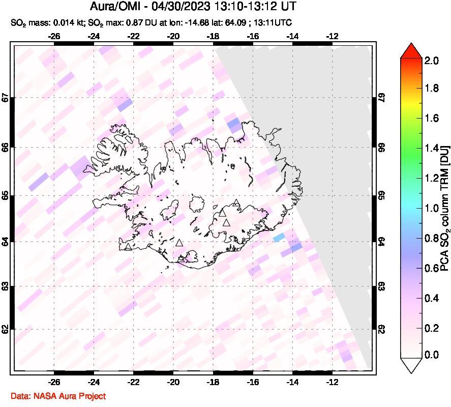 A sulfur dioxide image over Iceland on Apr 30, 2023.
