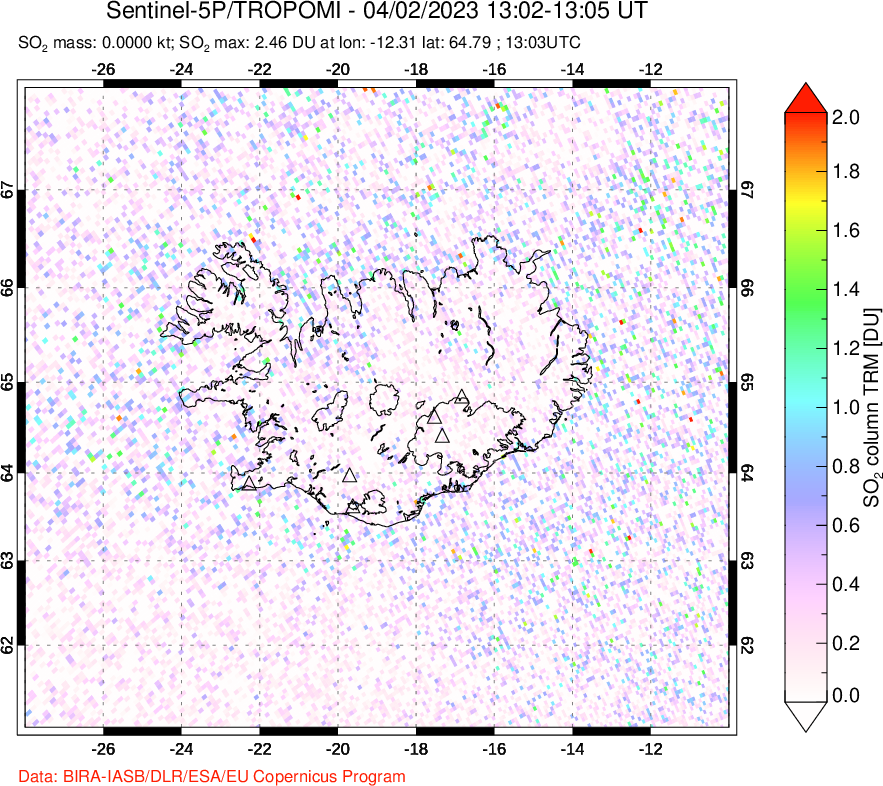 A sulfur dioxide image over Iceland on Apr 02, 2023.