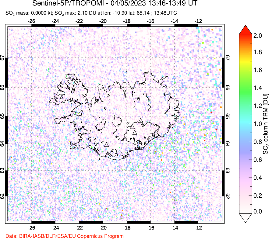 A sulfur dioxide image over Iceland on Apr 05, 2023.