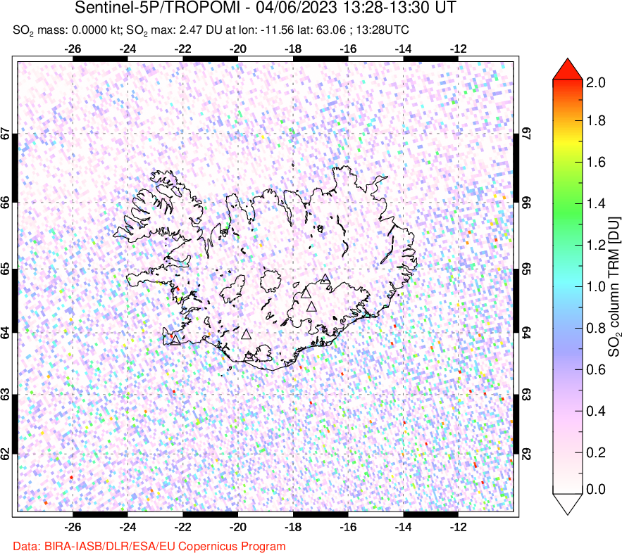 A sulfur dioxide image over Iceland on Apr 06, 2023.