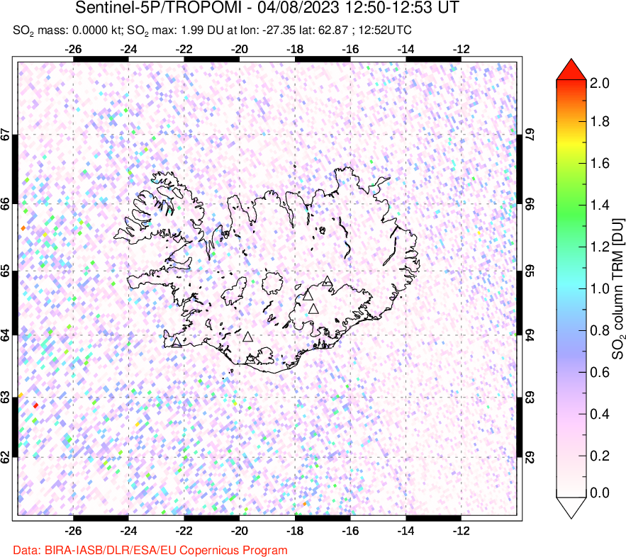 A sulfur dioxide image over Iceland on Apr 08, 2023.