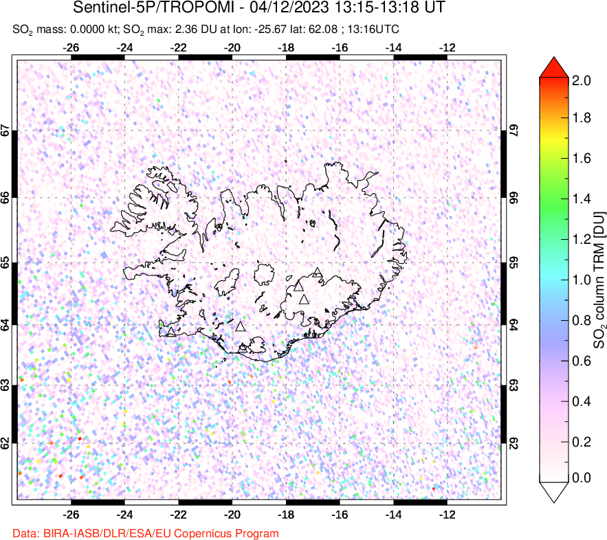 A sulfur dioxide image over Iceland on Apr 12, 2023.