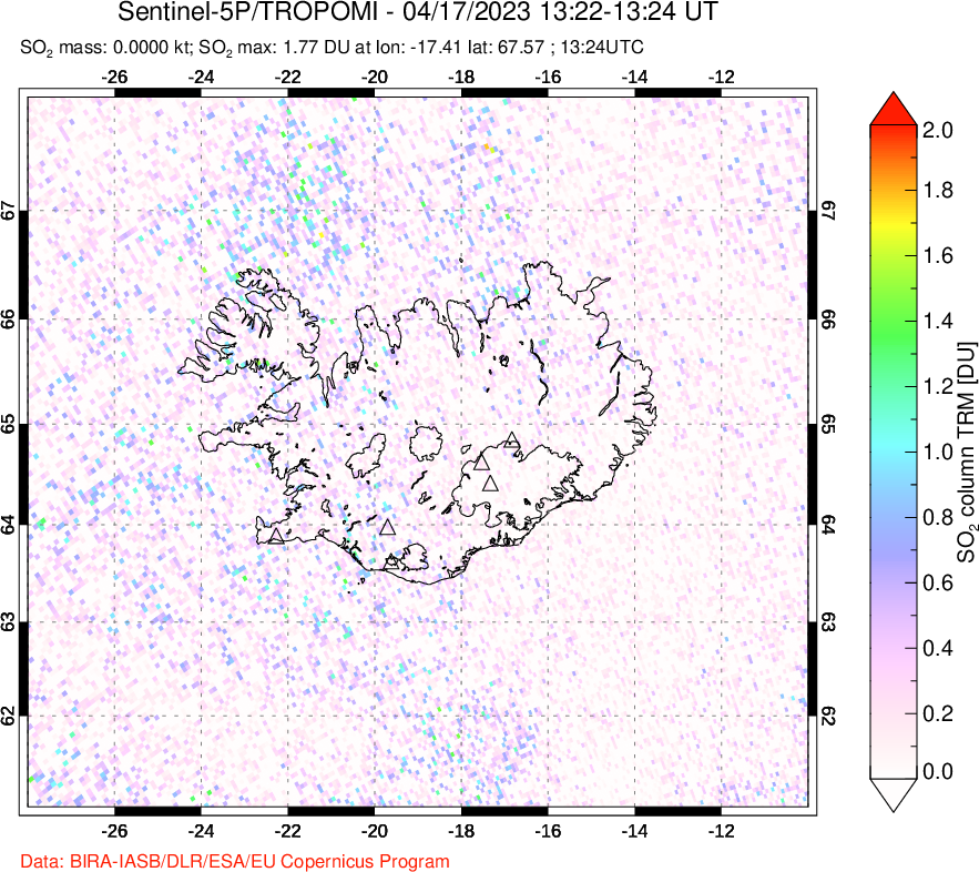 A sulfur dioxide image over Iceland on Apr 17, 2023.