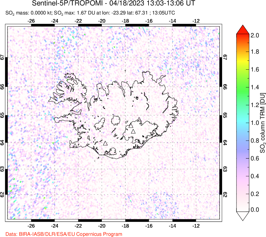 A sulfur dioxide image over Iceland on Apr 18, 2023.