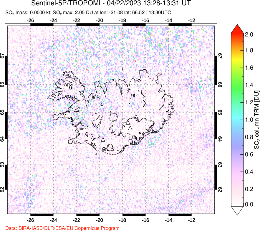 A sulfur dioxide image over Iceland on Apr 22, 2023.