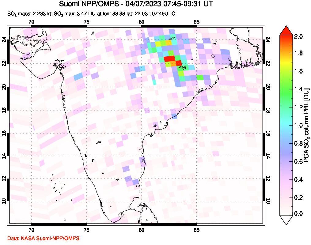 A sulfur dioxide image over India on Apr 07, 2023.