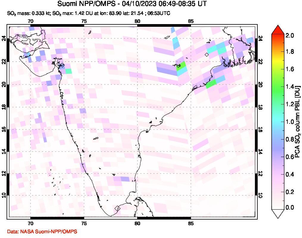 A sulfur dioxide image over India on Apr 10, 2023.