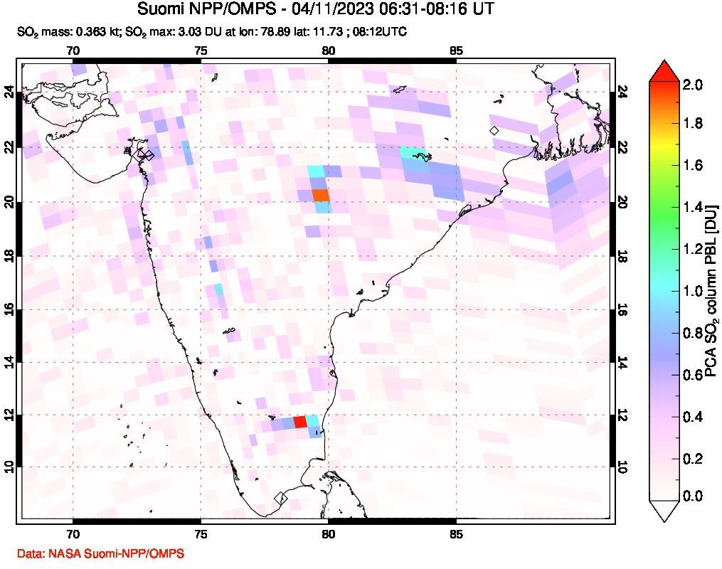 A sulfur dioxide image over India on Apr 11, 2023.