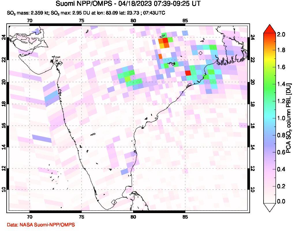 A sulfur dioxide image over India on Apr 18, 2023.