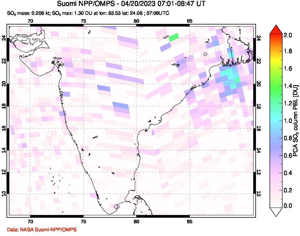 A sulfur dioxide image over India on Apr 20, 2023.