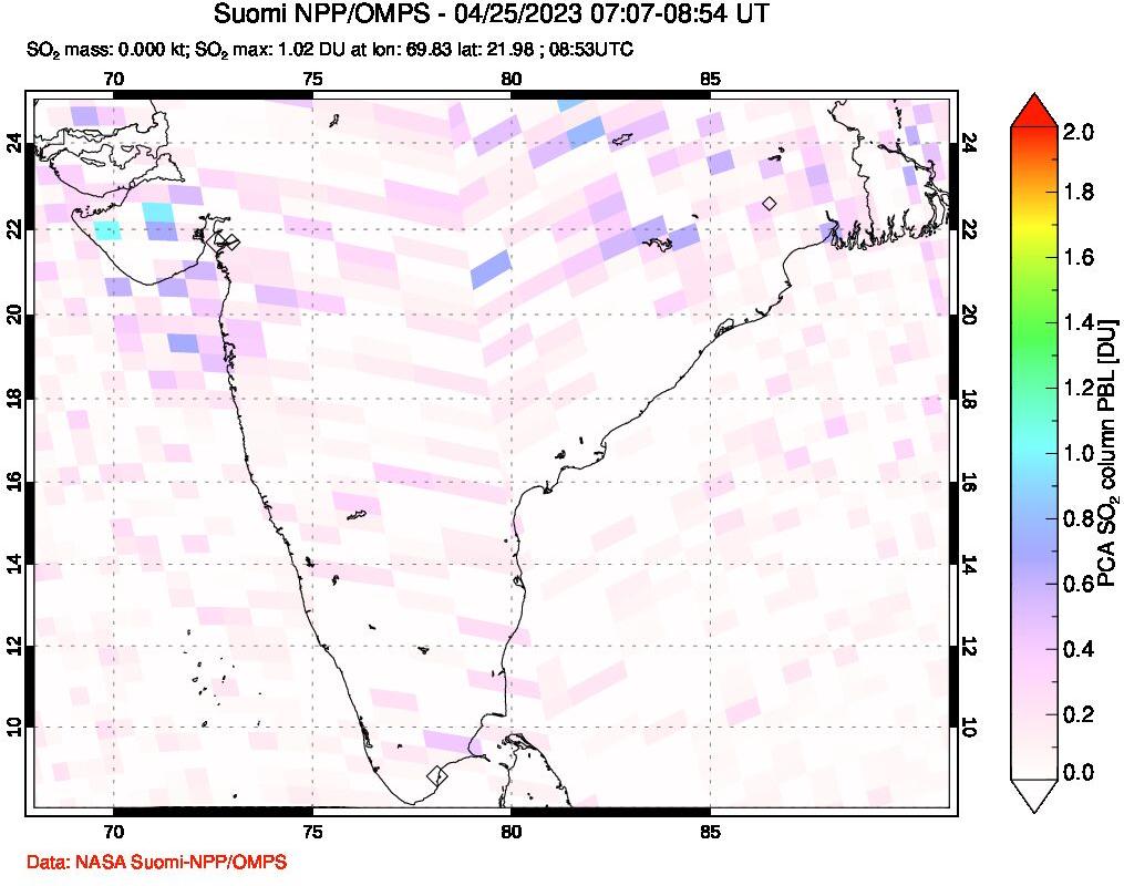 A sulfur dioxide image over India on Apr 25, 2023.