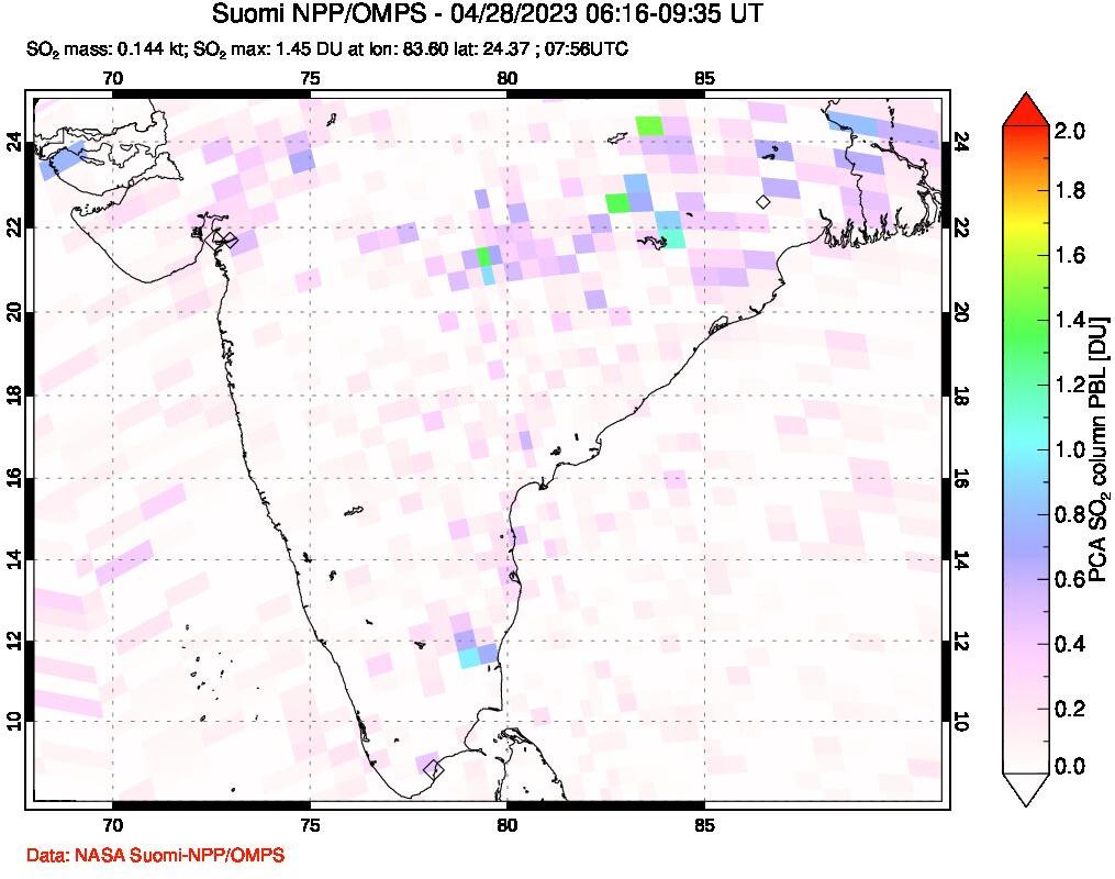 A sulfur dioxide image over India on Apr 28, 2023.