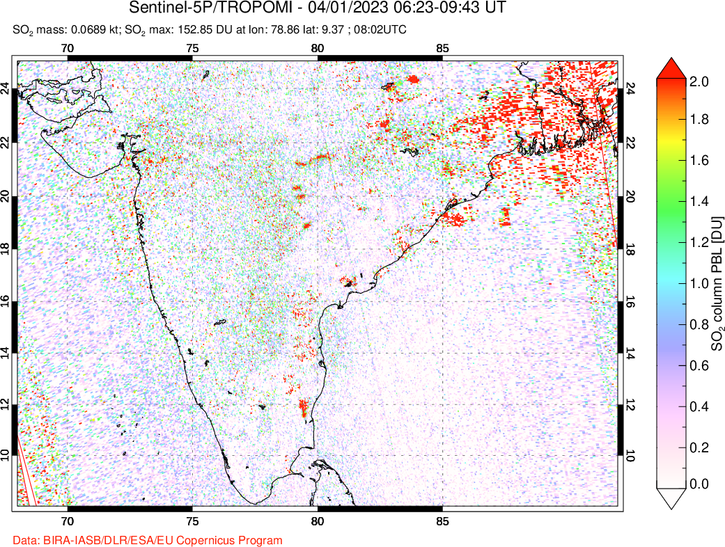 A sulfur dioxide image over India on Apr 01, 2023.