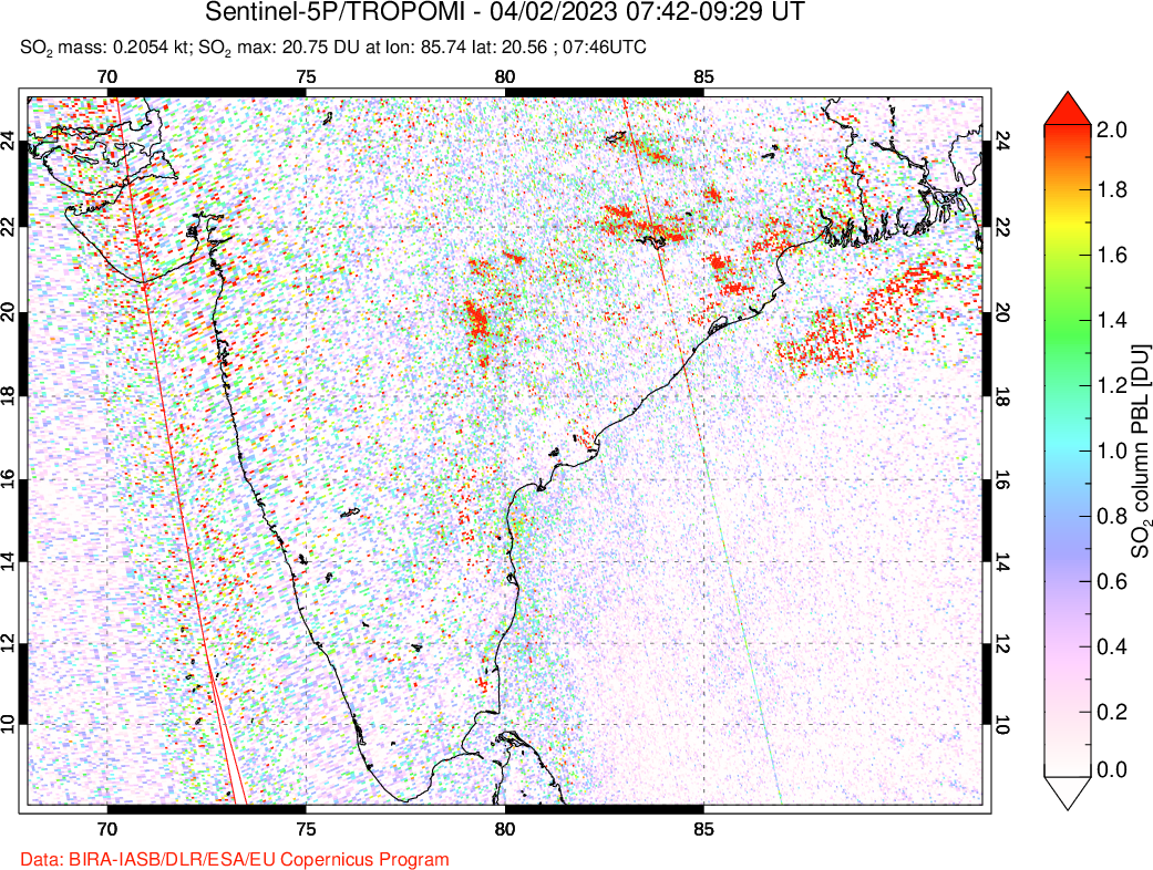 A sulfur dioxide image over India on Apr 02, 2023.