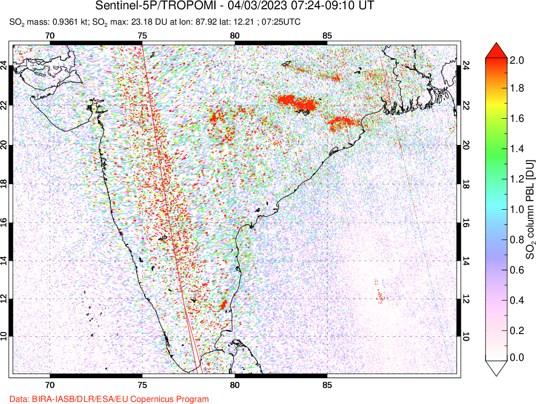 A sulfur dioxide image over India on Apr 03, 2023.