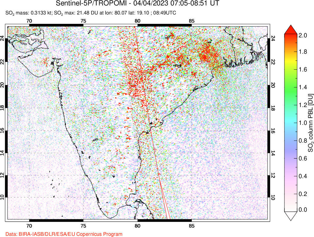 A sulfur dioxide image over India on Apr 04, 2023.