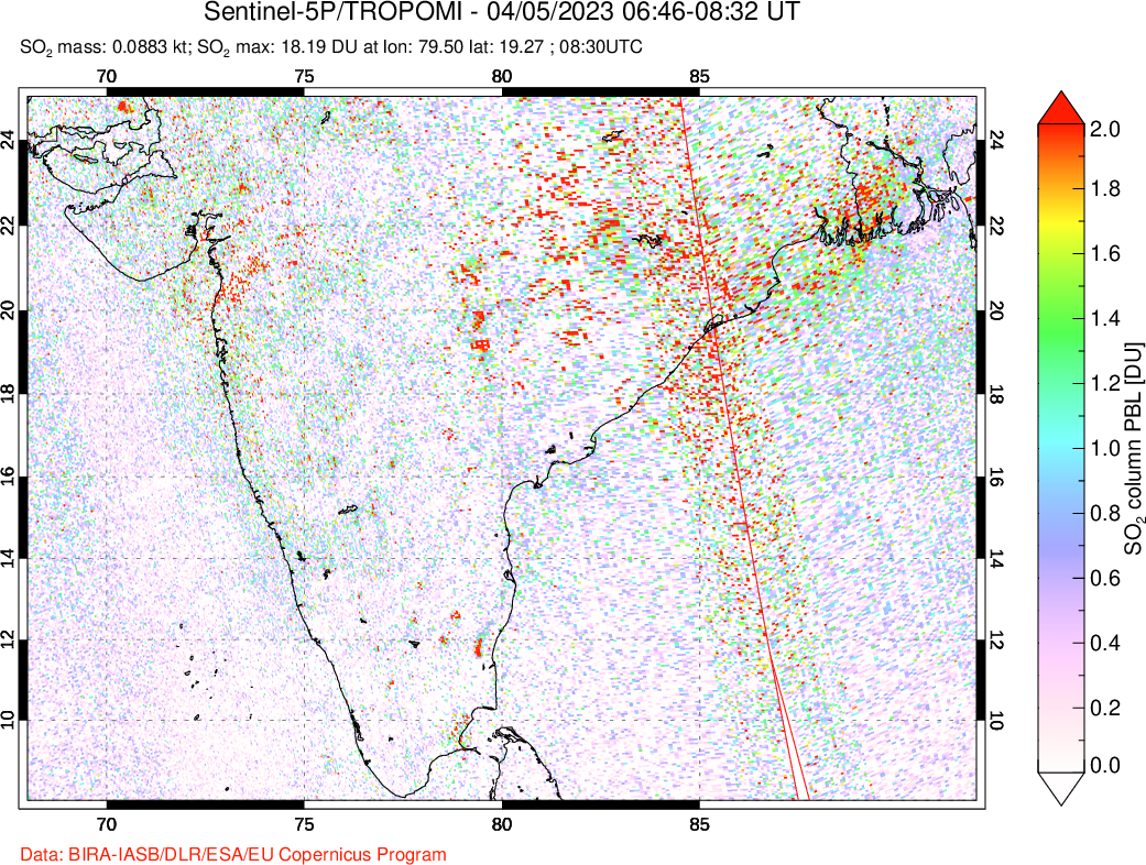 A sulfur dioxide image over India on Apr 05, 2023.